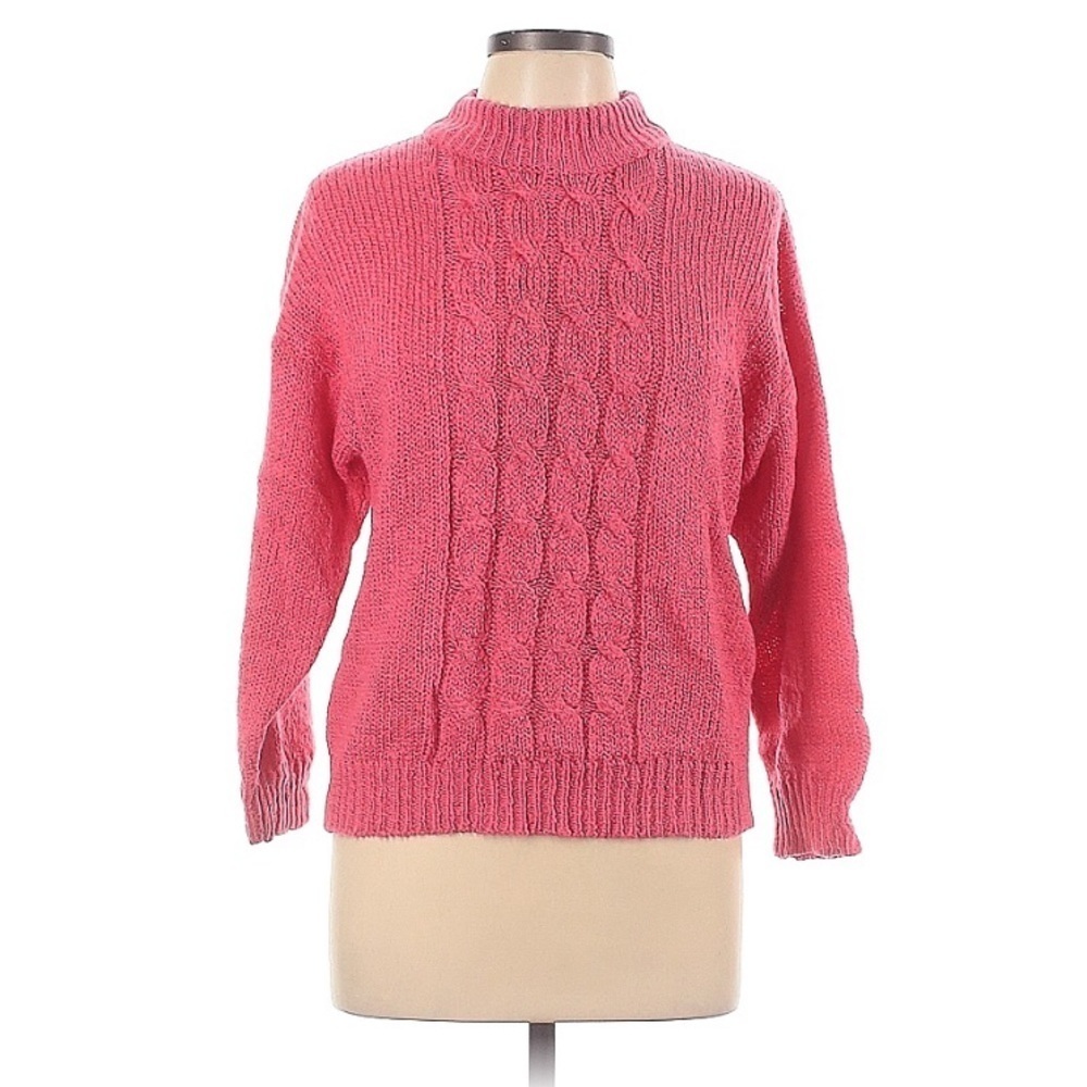 Vintage 1980s Bristol Court Bright Pink Pullover Crewneck Cable Knit Sweater